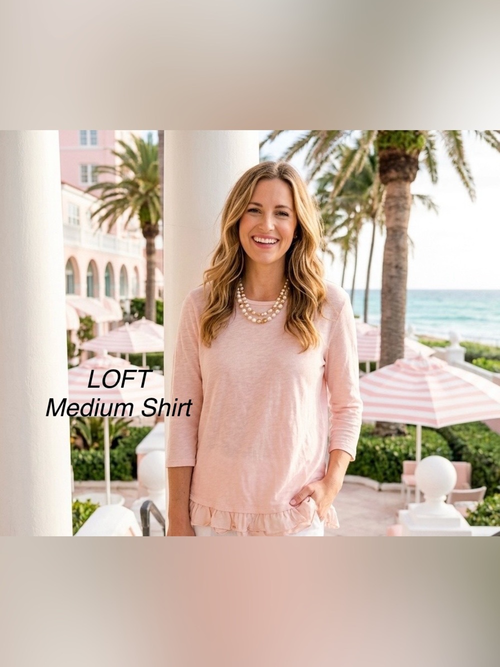 LOFT medium  shirt Pale Pink Ruffle Hem 3/4 Sleeve Top